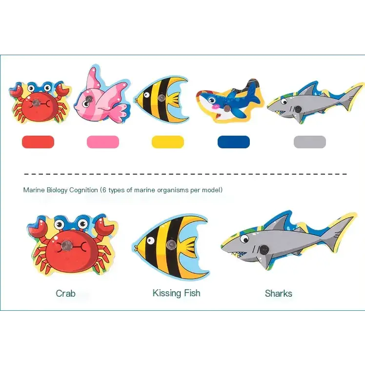 The image displays a set of colorful, cartoon-style marine animal cutouts including crabs, kissing fish, and sharks.