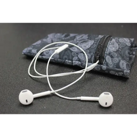 White wired earphones resting beside a dark gray paisley-patterned fabric case.