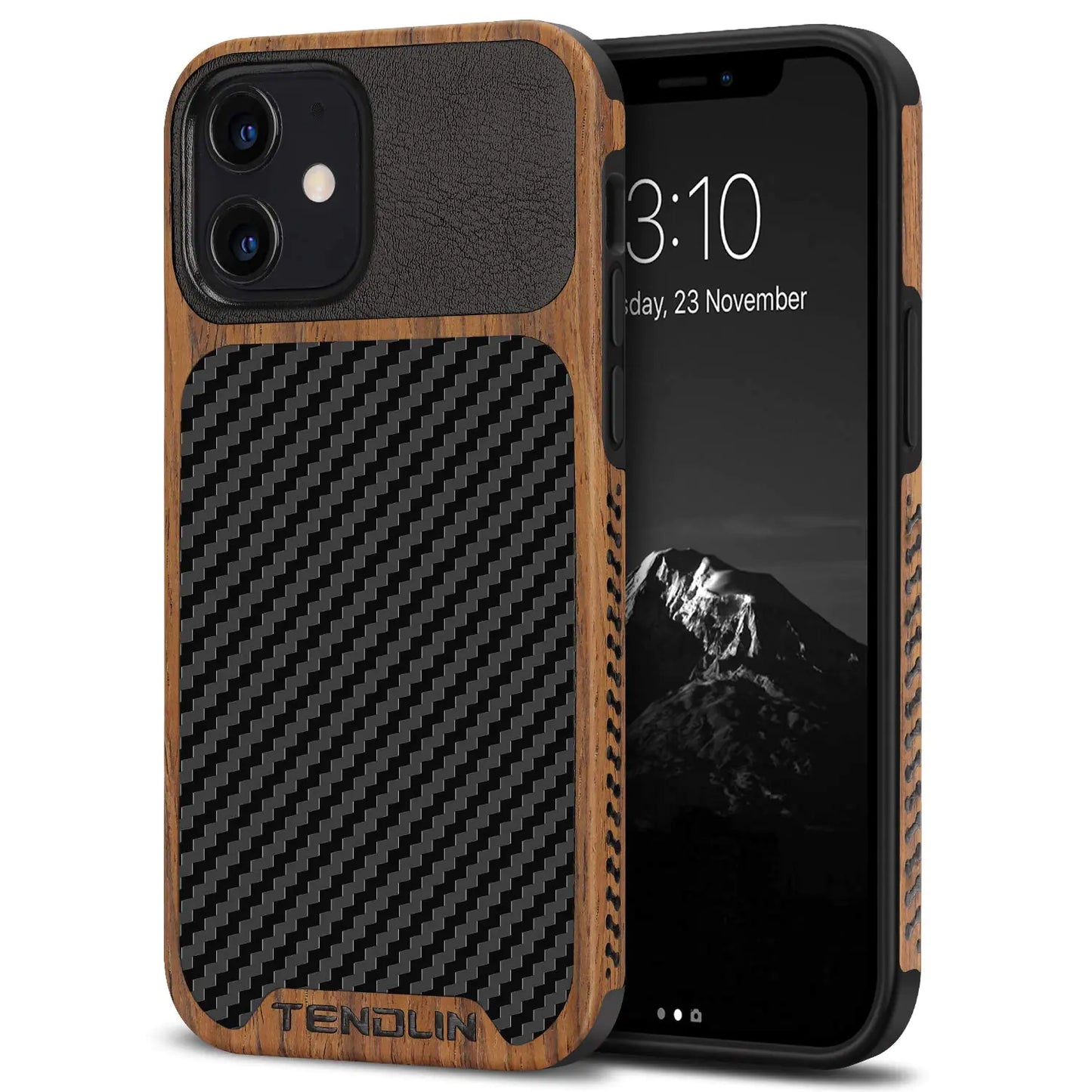 TENDLIN Compatible with iPhone 12 Case/iPhone 12 Pro Case Wood Grain with Carbon Fiber Texture Design Leather Hybrid Case Black - Joomcy