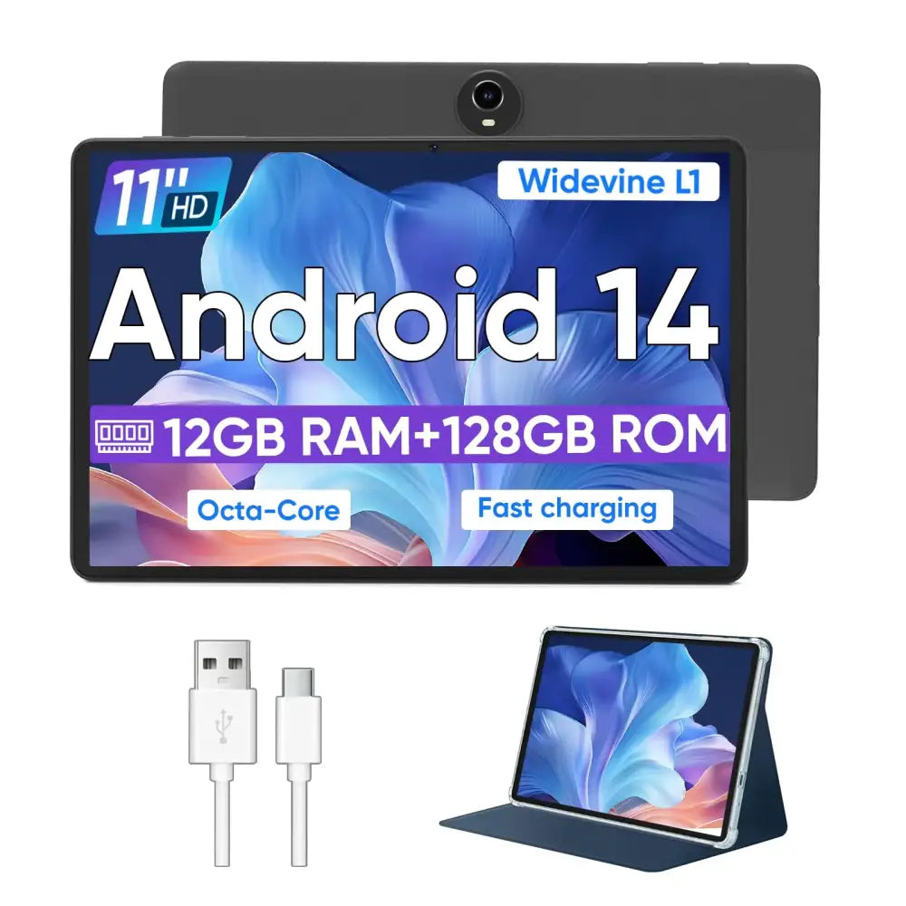 Black 11-inch hd android 14 tablet with 12gb ram and 128gb rom, featuring an octa-core processor and fast charging capability.