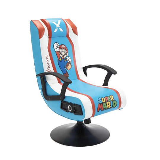 X Rocker Super Mario Video Gaming Pedestal Chair Official All-Star Edition Nintendo Collectible 2 Speakers Subwoofer Foldable 5001601 27.56" x 21.65" x 37.4" Blue White with Red