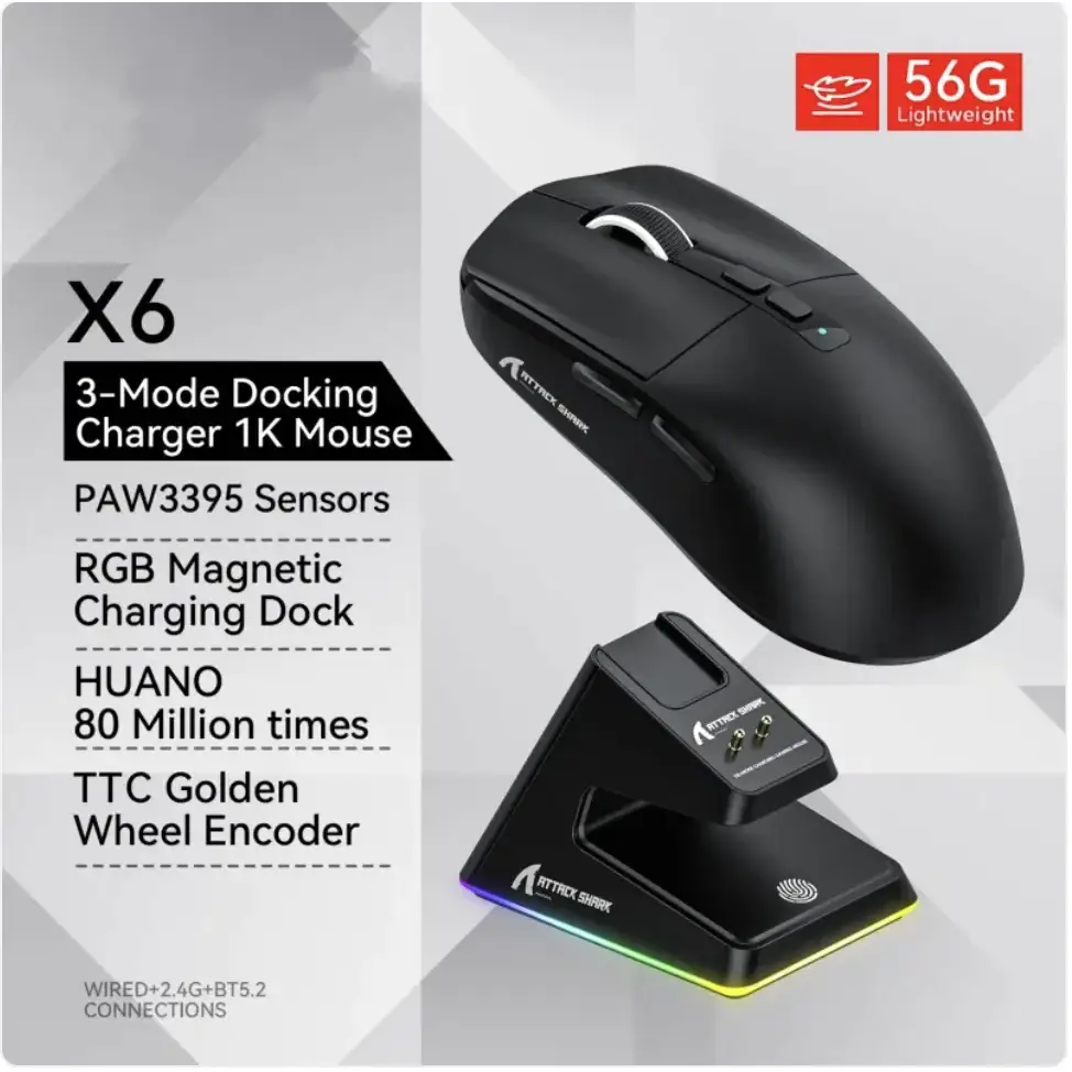 Black wireless gaming mouse with ergonomic design and rgb lighting on its charging dock