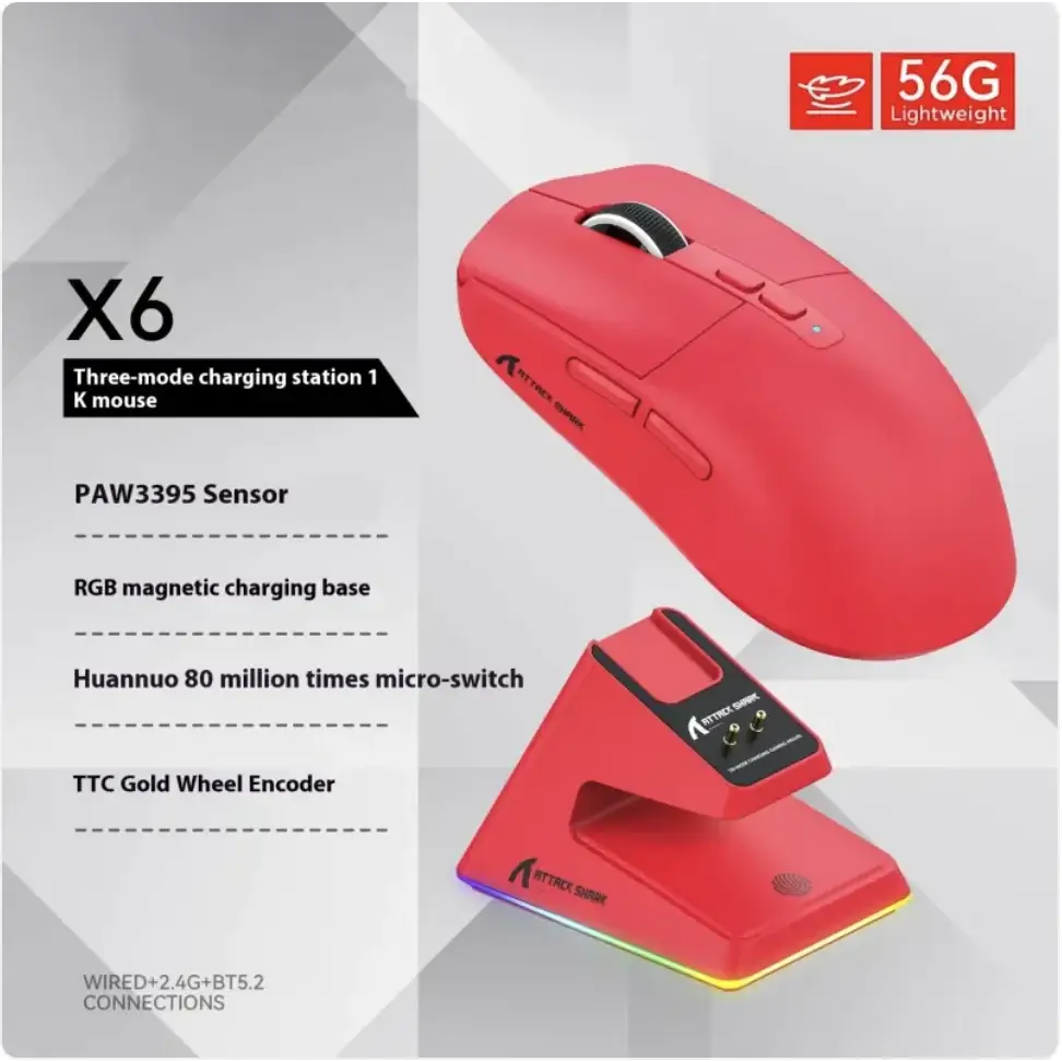 Red wireless gaming mouse with a sleek, ergonomic design and matching rgb magnetic charging base.