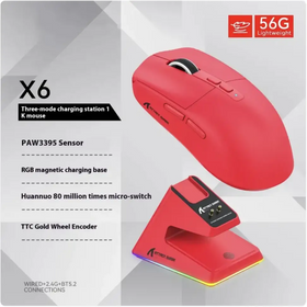 Red wireless gaming mouse with a sleek, ergonomic design and matching rgb magnetic charging base.