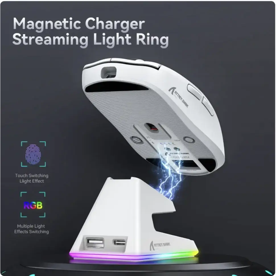 White magnetic charging stand with rgb lighting and usb ports, designed for gaming mice.