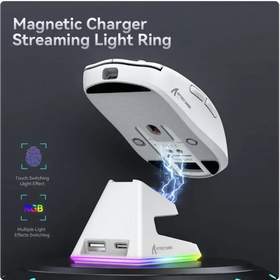 White magnetic charging stand with rgb lighting and usb ports, designed for gaming mice.