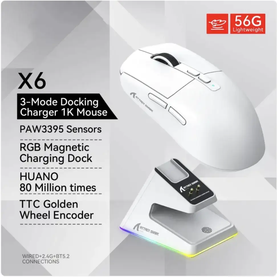 White wireless gaming mouse with a sleek ergonomic design and black scroll wheel, featuring rgb lighting on its magnetic charging dock.
