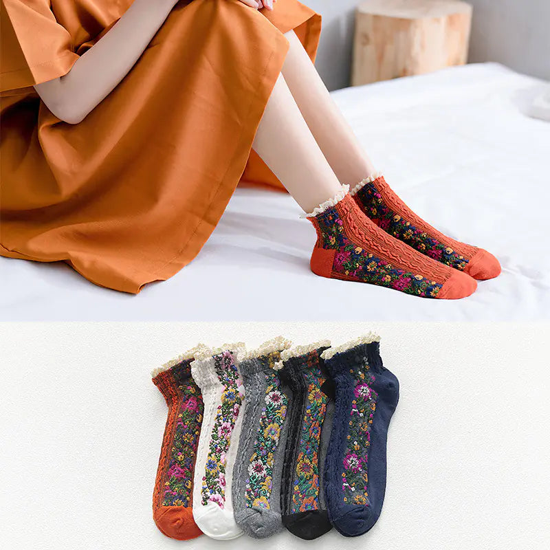 Women's Retro Floral Lace Cotton Boat Socks - Joomcy