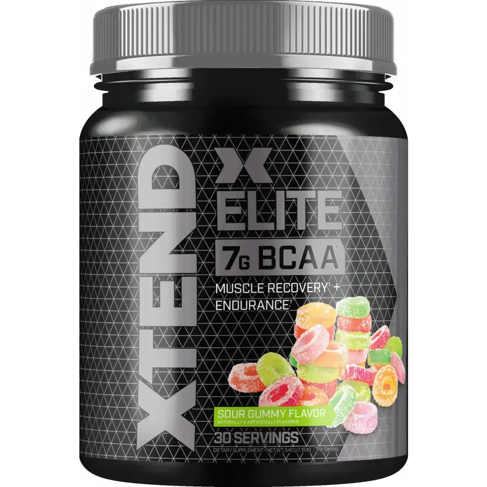 Black cylindrical container with silver lid and label featuring ’xtend elite 7g bcaa’ in bold white text, a geometric pattern background, and an image of colorful sour gummy rings.