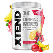 White cylindrical container of xtend the original 7g bcaa muscle recovery and electrolytes powder in knockout fruit punch flavor.