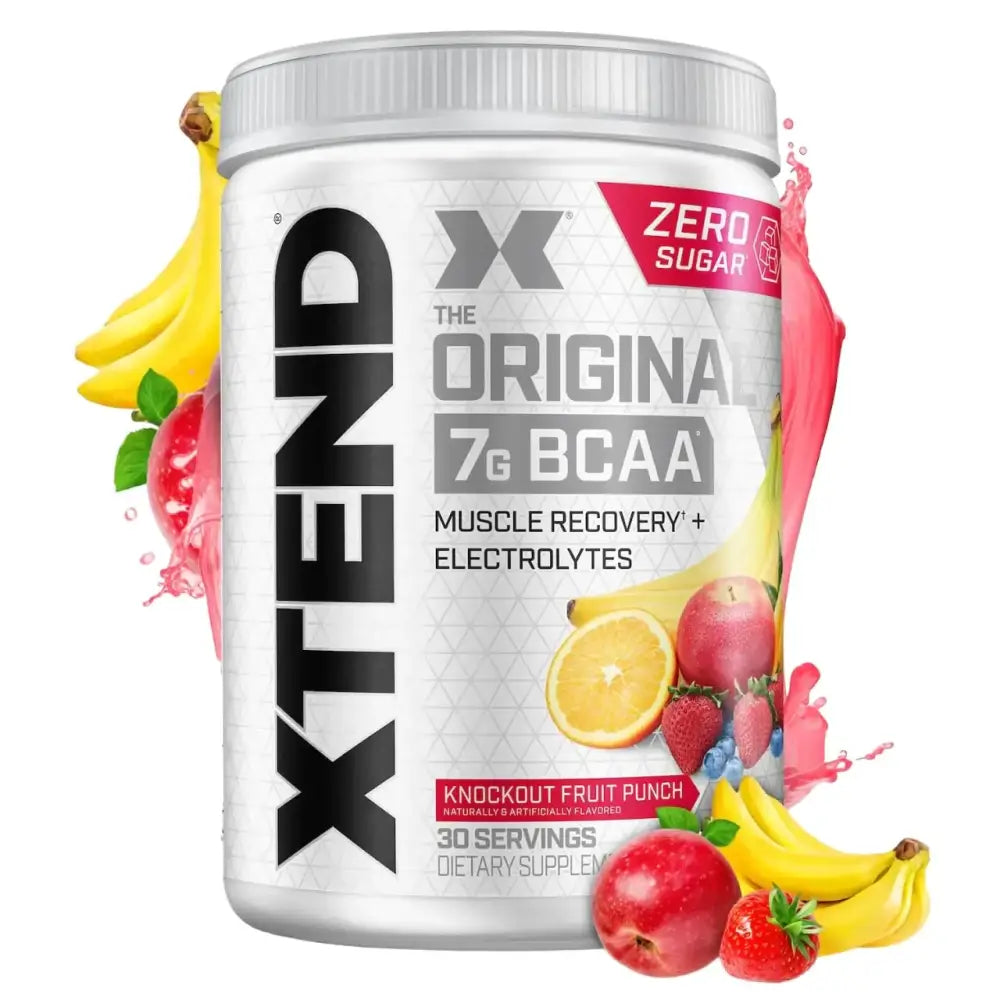 White cylindrical container of xtend the original 7g bcaa muscle recovery and electrolytes powder in knockout fruit punch flavor.