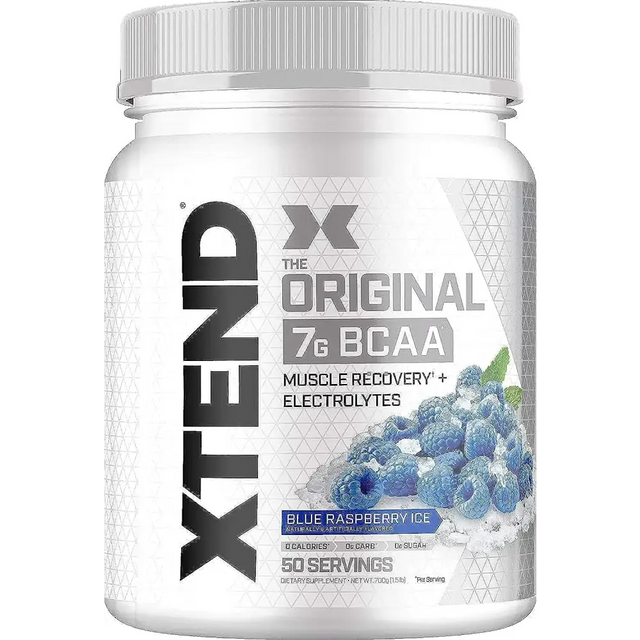 White plastic container with silver lid, featuring a label that reads ’xtend the original 7g bcaa’ and displays an image of blue raspberries.