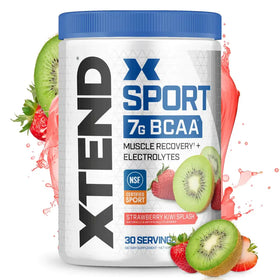 White cylindrical container with blue lid and label featuring ’xtend sport 7g bcaa’ text, strawberry kiwi splash flavor imagery, and nsf certified sport logo.