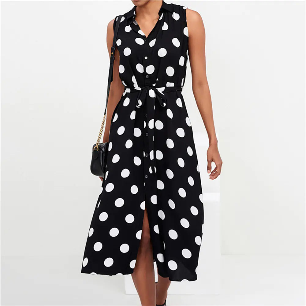 Polka Dot High Waist Chiffon Dress - Joomcy