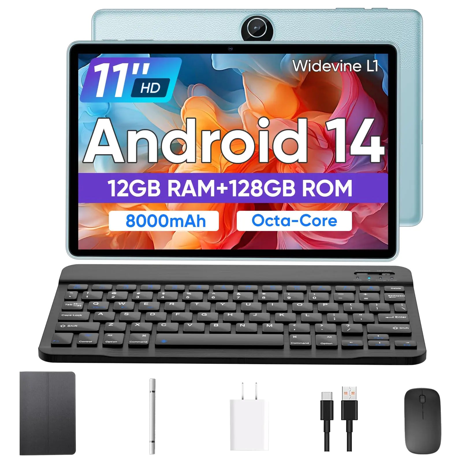 COLORROOM Tablet 11 inch Android 14 Tablet 12GB RAM+128GB ROM Octa-Core Tablets with Keyboard GPS 8000mAh 800x1280 FHD Display Dual Camera WiFi Bluetooth (Blue)