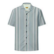 A light blue and white vertically striped short-sleeved button-up shirt with a collar.