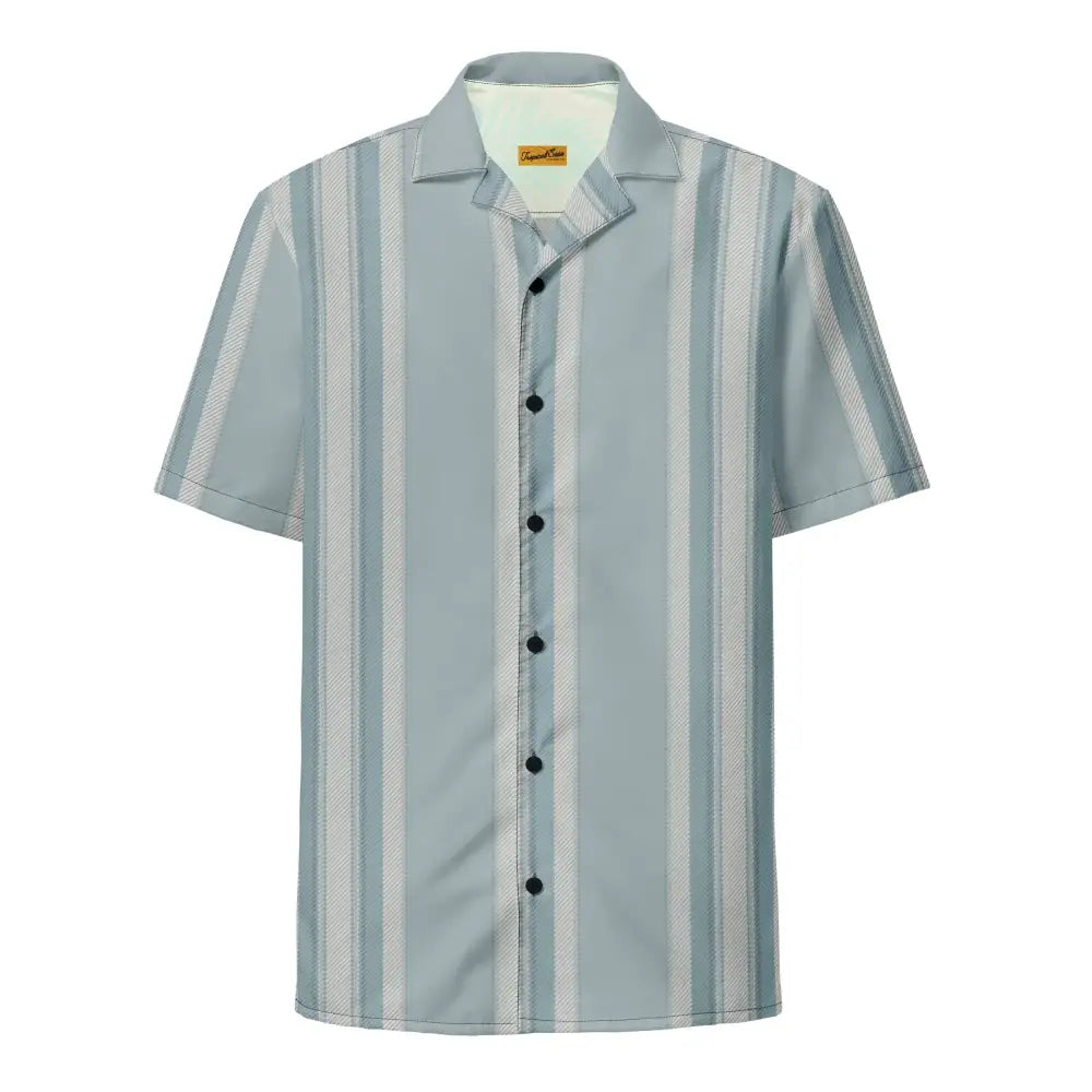 A light blue and white vertically striped short-sleeved button-up shirt with a collar.