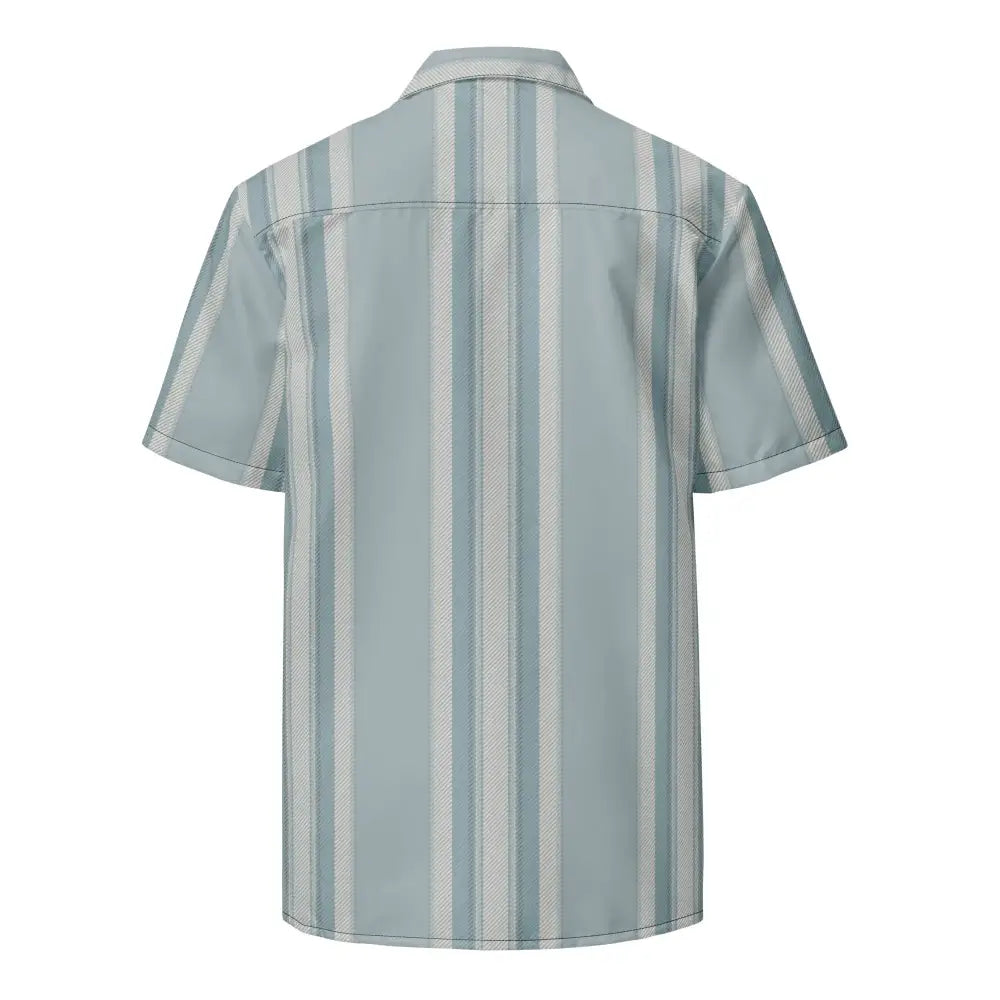 A short-sleeved button-up shirt with vertical stripes in shades of light blue and white, featuring a subtle textured pattern on the darker stripes.