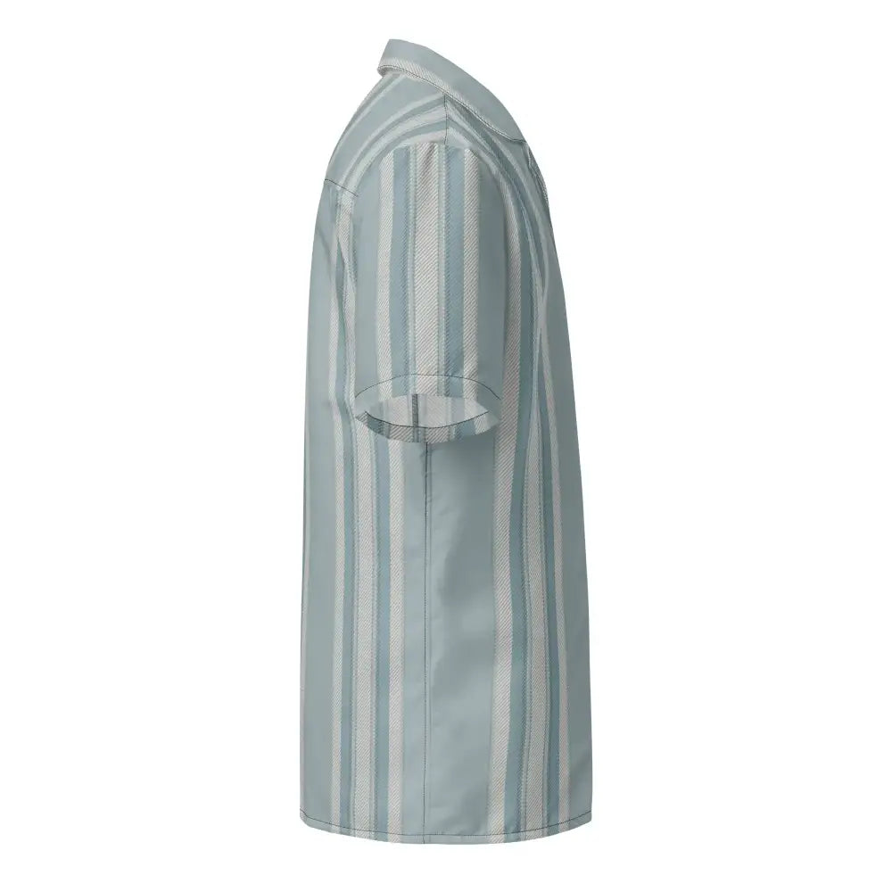 A light blue and white vertically striped short-sleeved polo shirt with a subtle textured pattern.