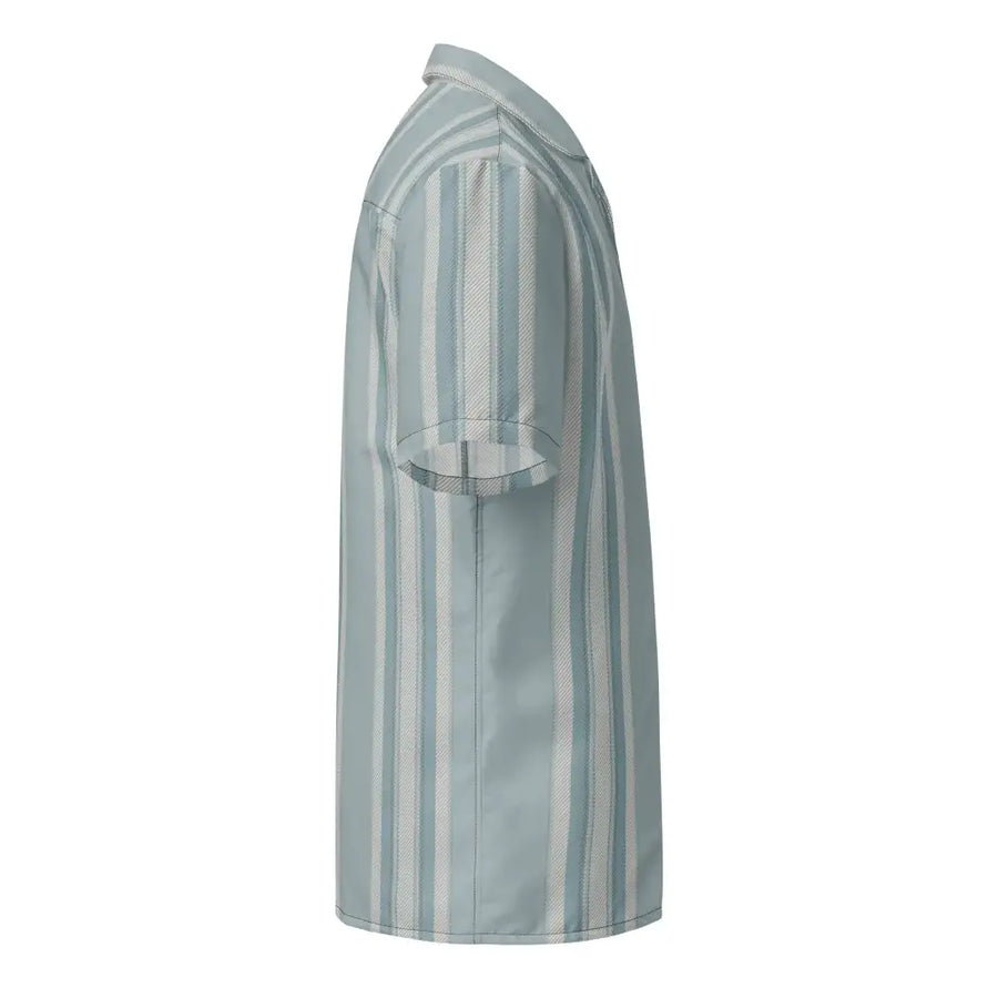 A light blue and white vertically striped short-sleeved polo shirt with a subtle textured pattern.