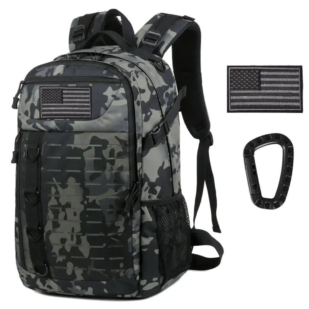 Gray and black camouflage tactical backpack with a stitched american flag patch on the front.