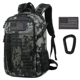 Gray and black camouflage tactical backpack with a stitched american flag patch on the front.