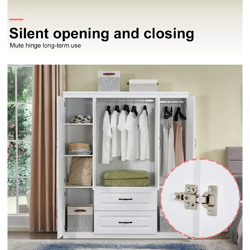 YG-15 74" H White Solid Wood Freestanding Wardrobe Closet for Clothes Storage. Bedroom Wardrobe Storage Cabinet featuring 2 Hanging Rod Shelves, 2 Drawers, and 5 Storage Compartments