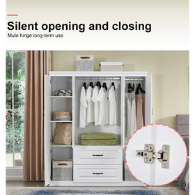 YG-15 74" H White Solid Wood Freestanding Wardrobe Closet for Clothes Storage. Bedroom Wardrobe Storage Cabinet featuring 2 Hanging Rod Shelves, 2 Drawers, and 5 Storage Compartments