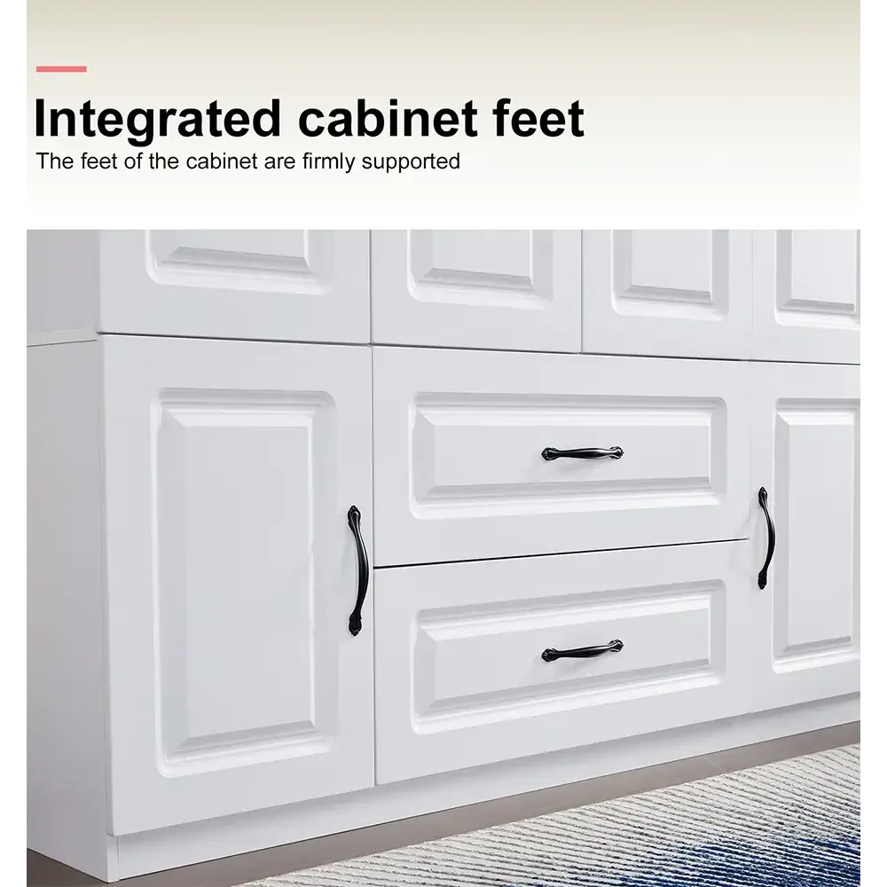 YG-15 74" H White Solid Wood Freestanding Wardrobe Closet for Clothes Storage. Bedroom Wardrobe Storage Cabinet featuring 2 Hanging Rod Shelves, 2 Drawers, and 5 Storage Compartments