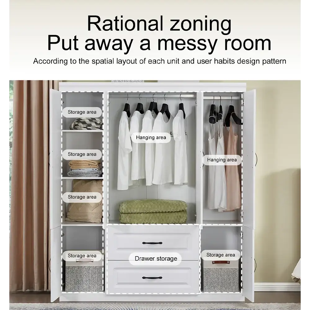 YG-15 74" H White Solid Wood Freestanding Wardrobe Closet for Clothes Storage. Bedroom Wardrobe Storage Cabinet featuring 2 Hanging Rod Shelves, 2 Drawers, and 5 Storage Compartments