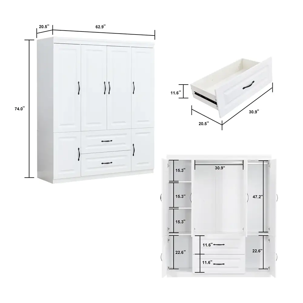 YG-15 74" H White Solid Wood Freestanding Wardrobe Closet for Clothes Storage. Bedroom Wardrobe Storage Cabinet featuring 2 Hanging Rod Shelves, 2 Drawers, and 5 Storage Compartments