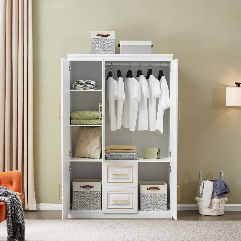 YG-5 Armoire Wardrobe 74" H 3 Doors 2 Drawers White Bedroom Wardrobe Armoire Closet Freestanding Clothes Storage Armoire Organizer with Hanging Rod Shelves Clothes Cabinet for Bathrooms Clothes Storage