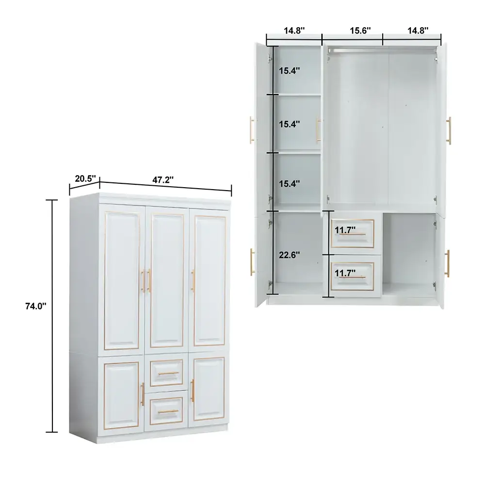 YG-5 Armoire Wardrobe 74" H 3 Doors 2 Drawers White Bedroom Wardrobe Armoire Closet Freestanding Clothes Storage Armoire Organizer with Hanging Rod Shelves Clothes Cabinet for Bathrooms Clothes Storage