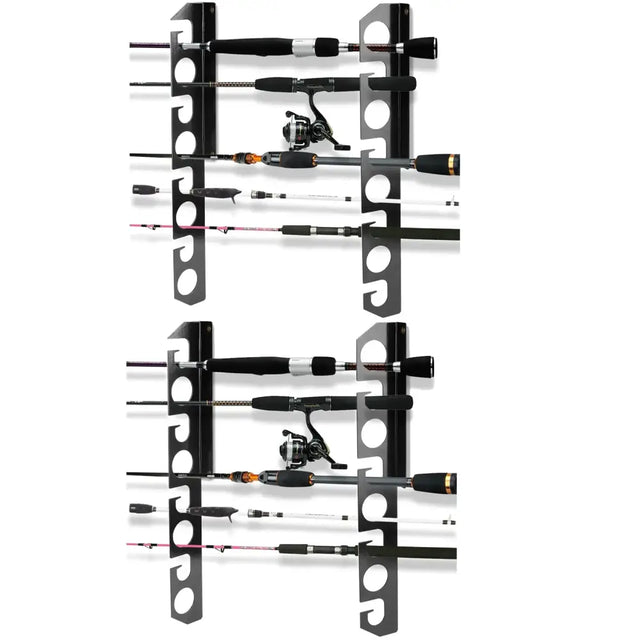 Black metal fishing rod rack holding multiple rods with reels.