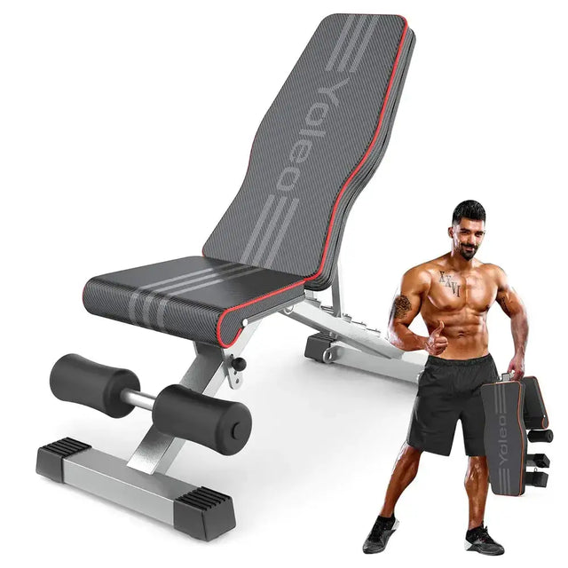 Adjustable weight bench with black and gray textured upholstery, red trim accents, and silver metal frame