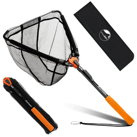 Black and orange telescopic fishing net with a mesh bag, featuring an adjustable handle for easy transport.