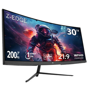 30-inch curved gaming monitor with a black frame and stand, displaying an astronaut in space against fiery cosmic background.