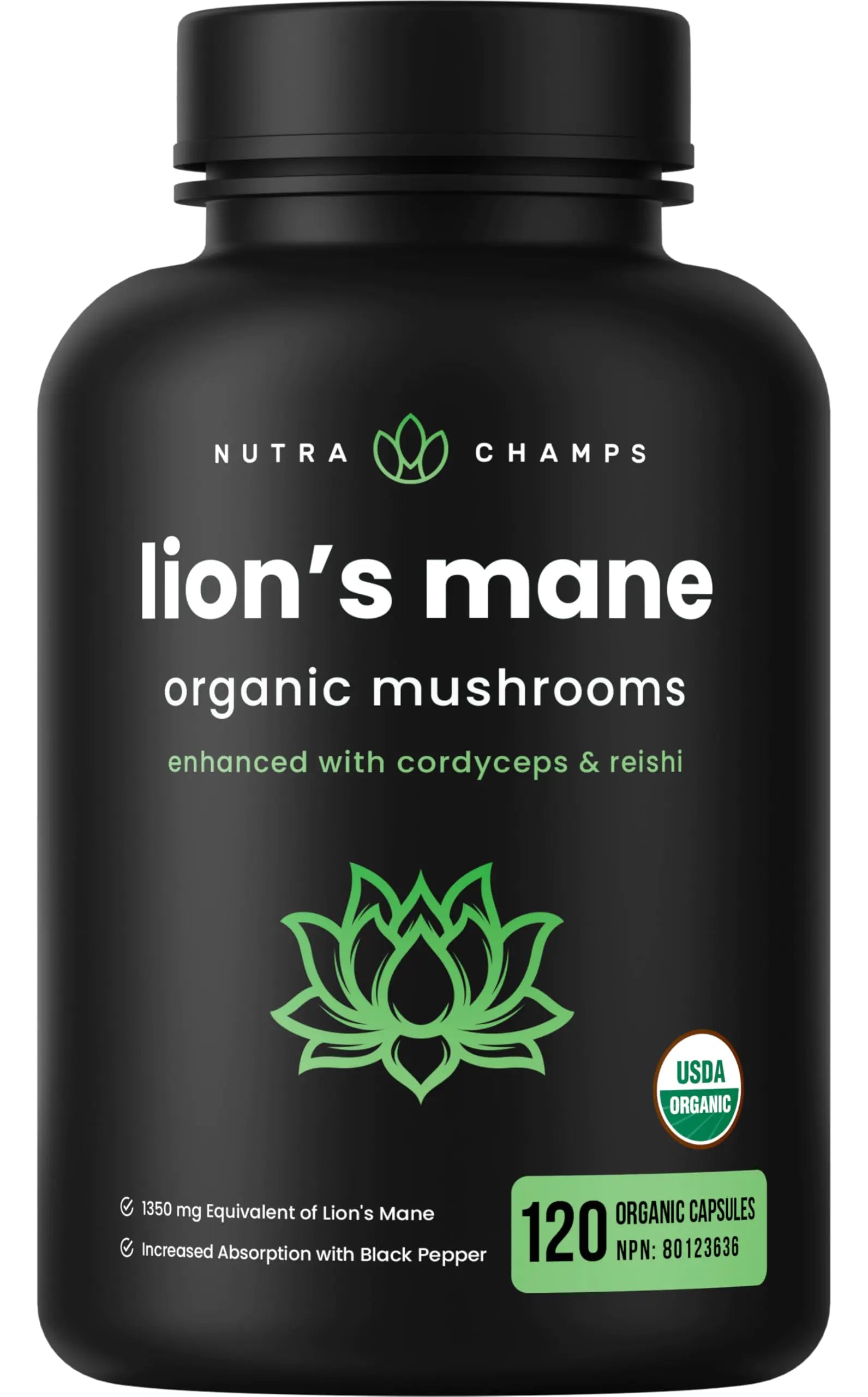 Organic Lions Mane Supplement 1350mg | 10:1 Lions Mane Extract 135mg Per Capsule Enhanced with Cordyceps & Reishi Mushroom | 120 Vegan Capsules | Supports Mental Clarity Memory Focus & Immune System