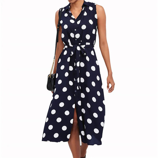 Polka Dot High Waist Chiffon Dress - Joomcy