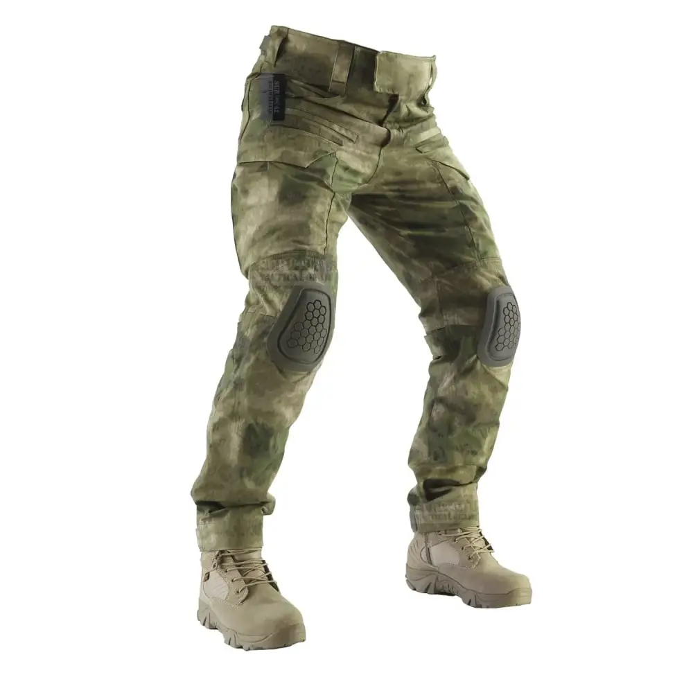 Camouflage tactical pants with reinforced knee pads and multiple utility pockets.