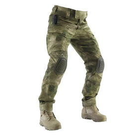 Camouflage tactical pants with reinforced knee pads and multiple utility pockets.
