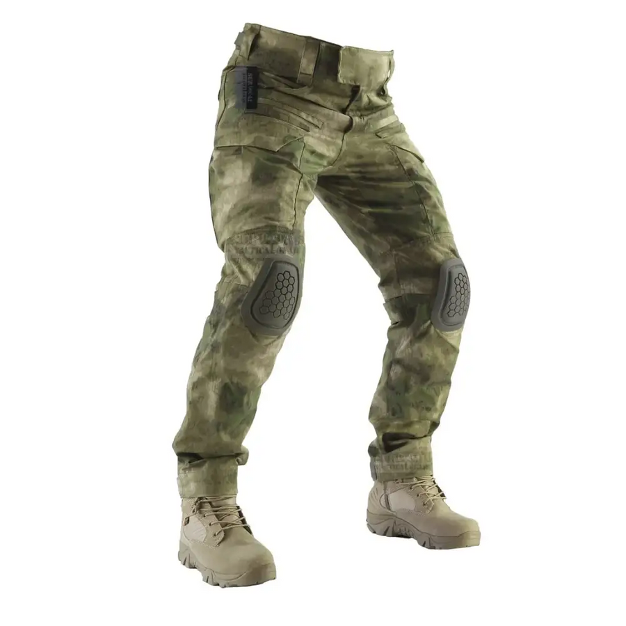 Camouflage tactical pants with reinforced knee pads and multiple utility pockets.