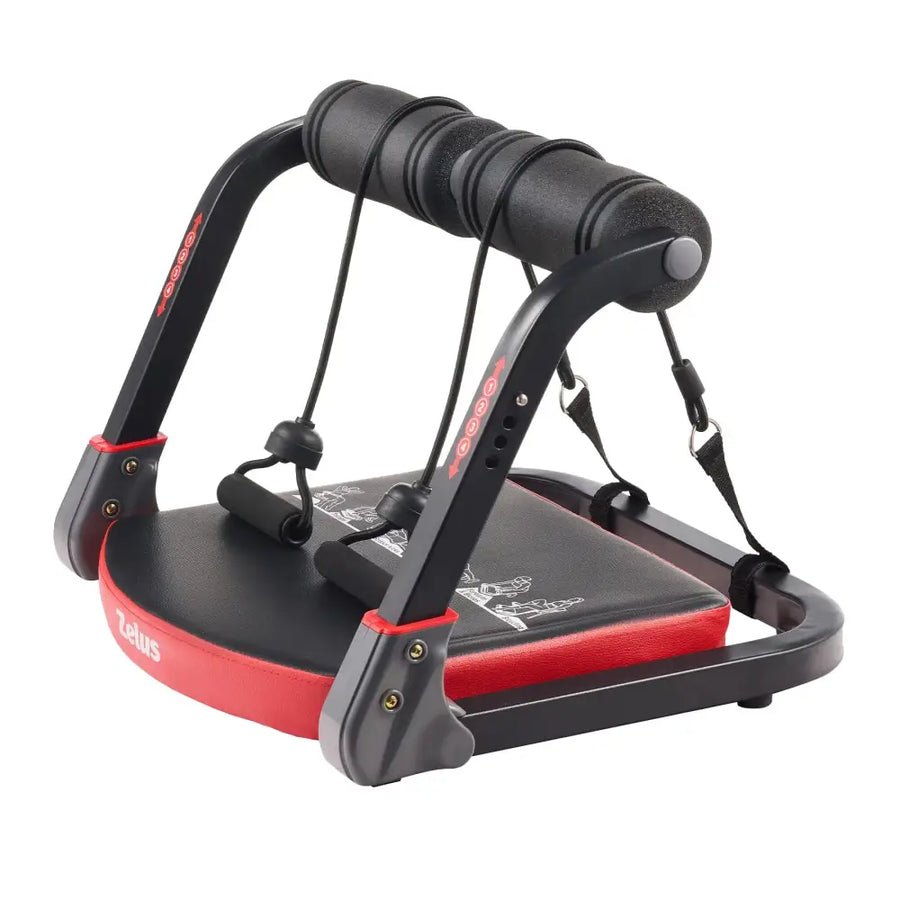 Black and red telus brand portable ab workout machine with padded seat, adjustable resistance bands, and ergonomic handlebars.