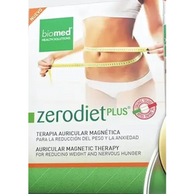 The product is a zerodiet plus auricular magnetic therapy device, featuring a green and white packaging design with text in spanish and english.