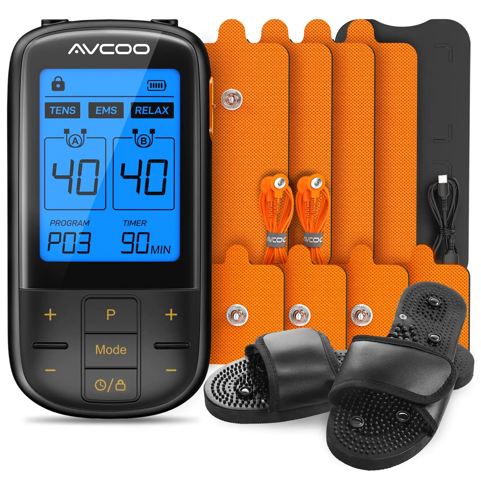 AVCOO 32 Modes TENS Unit Muscle Stimulator with Reflexology Slippers for Plantar Fasciitis 3-in-1 Rechargeable Electronic Pulse Massager with 40 Intensities for Pain Relief Therapy 8 Pads Black