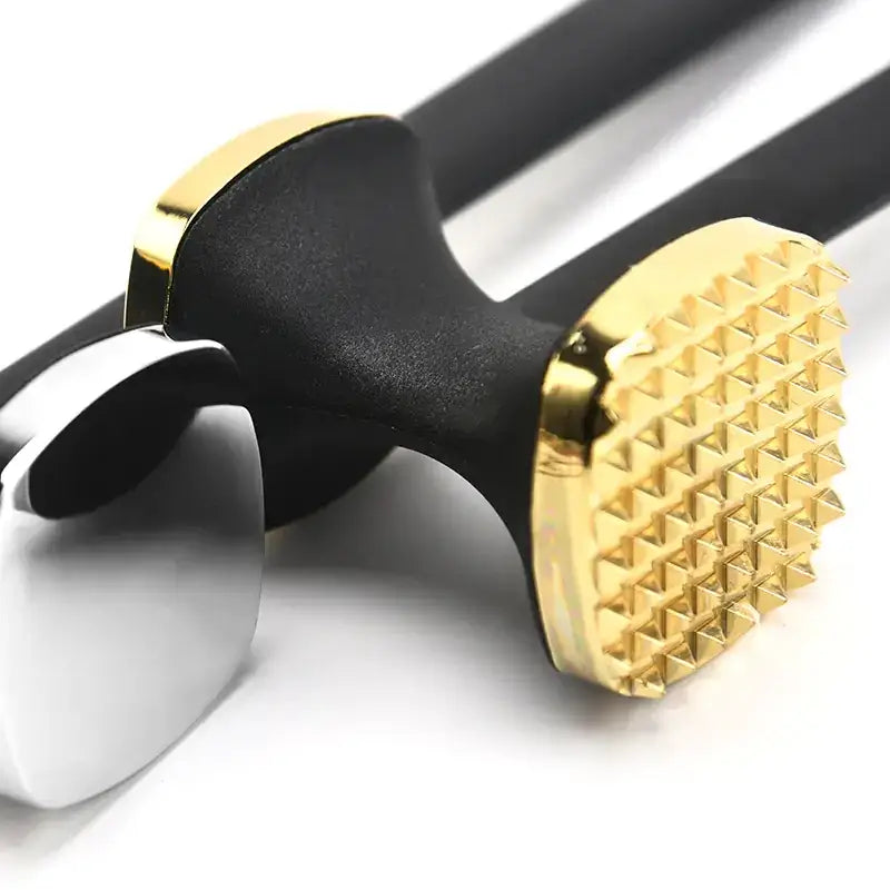 Black and gold meat tenderizer with a textured, spiked head.