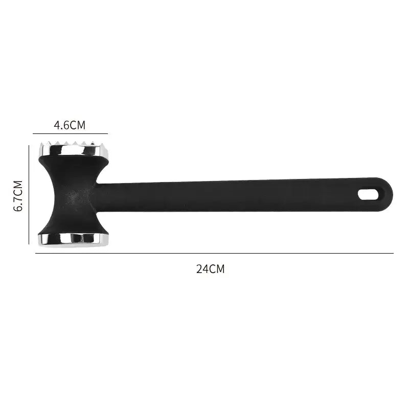 Black meat mallet with a chrome-finished, serrated head and a long handle.