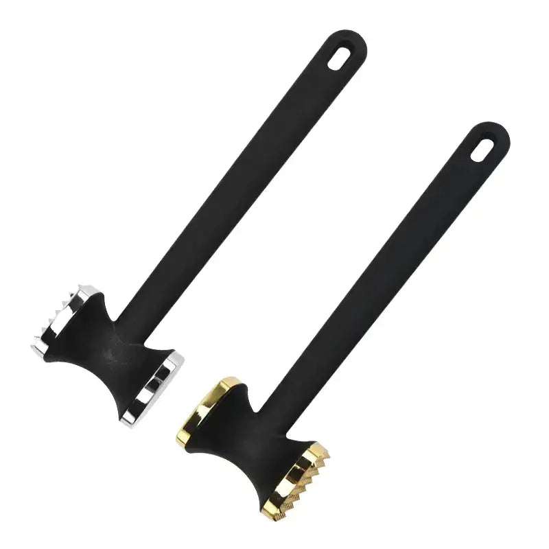 Black meat tenderizer mallets with silver and gold-colored, serrated heads.