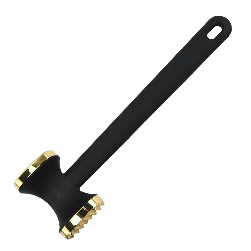 Black meat mallet with gold-colored metallic accents on the head and handle.