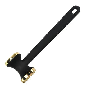 Black meat mallet with gold-colored metallic accents on the head and handle.